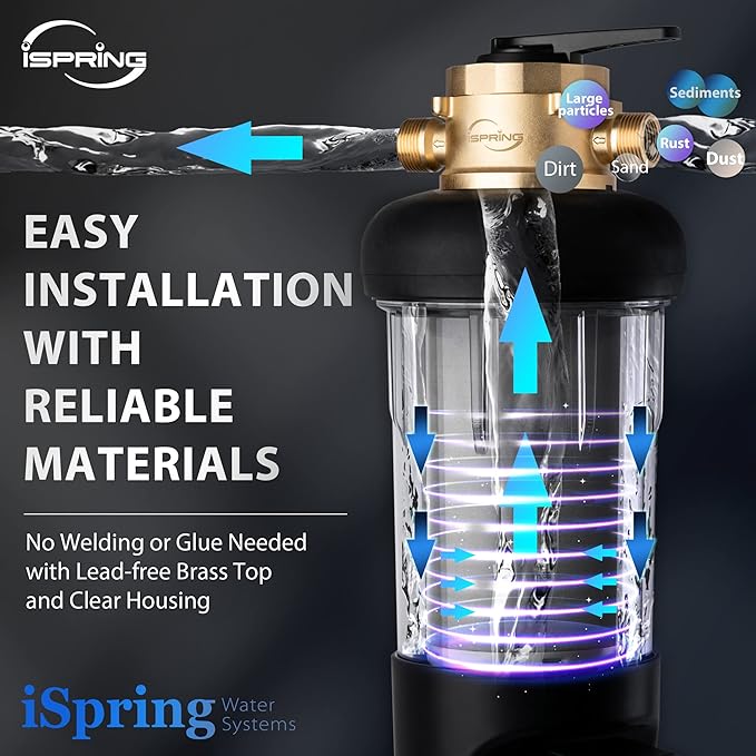 iSpring WSP100ARJ-BP, NSF Certified, Whole House Spin-Down Sediment Water Filter with Bypass, Clear Housing, Jumbo Size, Flushable and Reusable, Touch-Screen Auto Flushing, 4 Modes, 100 Microns