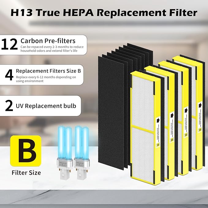 4 Pack FLT4825 HEPA Replacement Filter B ＆ LB4000 Bulb for Guardian AC4825, AC4300, AC4850, AC4800, AC4820, AC4900 Air Cleaner Purifier, 4 HEPA Filters +12 Carbon Filters+ 2 lb4000 uv Bulb