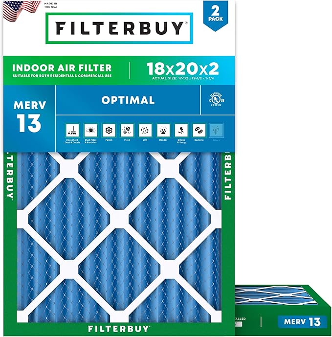 Filterbuy 18x20x2 Air Filter MERV 13 (MPR 1900) Health Defense Replacement (2-Pack), Electrostatic Pleated HVAC AC Furnace Filters, Made in USA (Actual Size: 17.50 x 19.50 x 1.75)