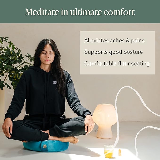 Mindful & Modern Velvet Meditation Cushion | Luxe Zafu Yoga Floor Pillow Seat | Posture Support | Buckwheat Hull Filled | Large Round Cushion with Removable Washable Cover + Carry Handle | Color Teal-FlexoryFit