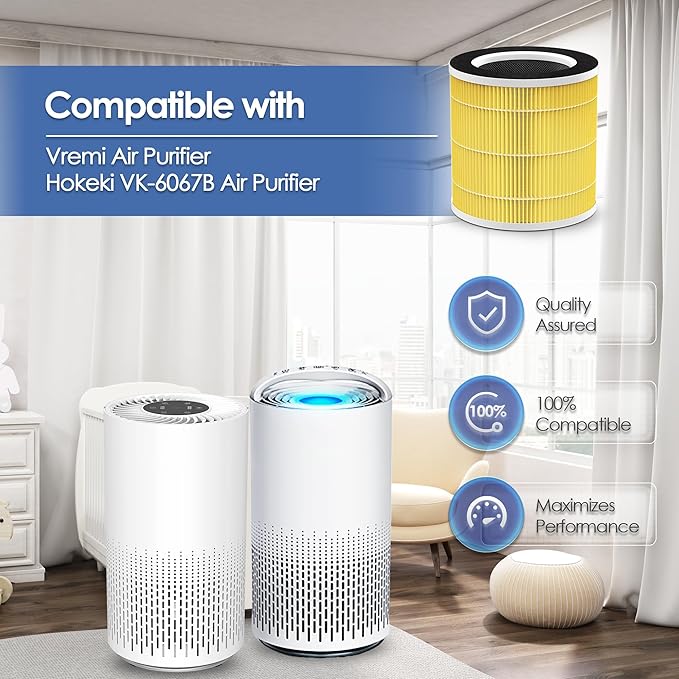 VK-6067B 3-Pack Pet Allergy Filter Compatible with Vremi & Hokeki Air Purifier, 360 H13 True HEPA & Activated Carbon Filter for Pet Care