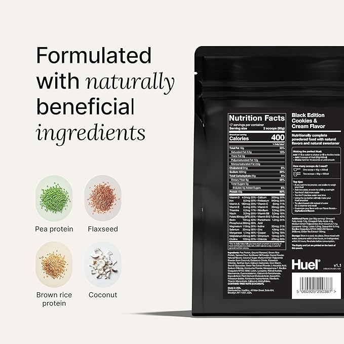 Huel Black Edition Protein Powder Meal Replacement Shake - Cookies and Cream 34 Scoops Packed with 100% Nutritionally Complete Food, Including 40g of Protein, 8g Fiber, 27 Vitamins Minerals 1-FlexoryFit