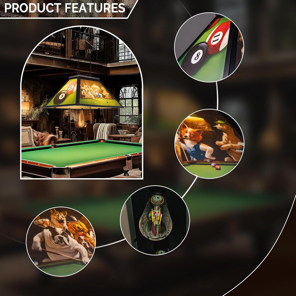 Wellmet Tiffany Pool Table Light, Dogs Playing Billiards Lights for 7' 8' Pool Table, 2 Lights Billiard Fixture Hanging Pendant Lamp for Snooker Table, Cabin, Game Room, Men's Cave, Dining Room