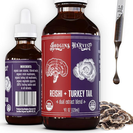 Hodgins Harvest Reishi + Turkey Tail Tincture | Made with Mushrooms Grown On Our Farm in The USA | Dual Extract | Extra-Concentrated (4 fl oz)-FlexoryFit