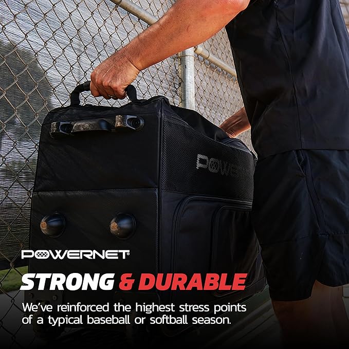 PowerNet Rolling Bucket Bag, Holds 2 6-Gallon Bucket of Baseballs & Softballs, Storage Pockets for Baseball Bat, Gloves & Scoreboards, Fits Launch F-lite Pitching Machine & Balls-FlexoryFit