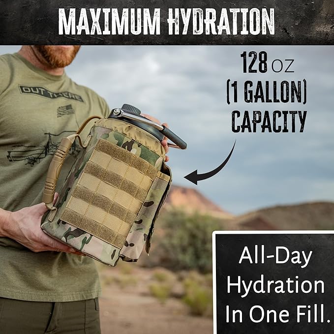 Iron Infidel Battle Bottle - One Gallon Insulated Water Bottle with Dual Carry Handles - 128 oz Tactical Stainless Steel Water Jug & Rugged Extra Large Sleeve With Storage (OCP Camo 128 Ounces)-FlexoryFit