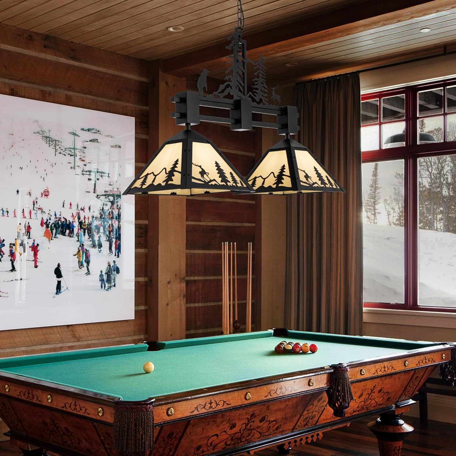 TOCHIC Pool Table Light 33''L, 2 Lights Hanging Billiard Light Fixture Overhead for Pool Billiard Table Rustic Black Chandelier Pendant Light for Dining Room, Kitchen, Game Room