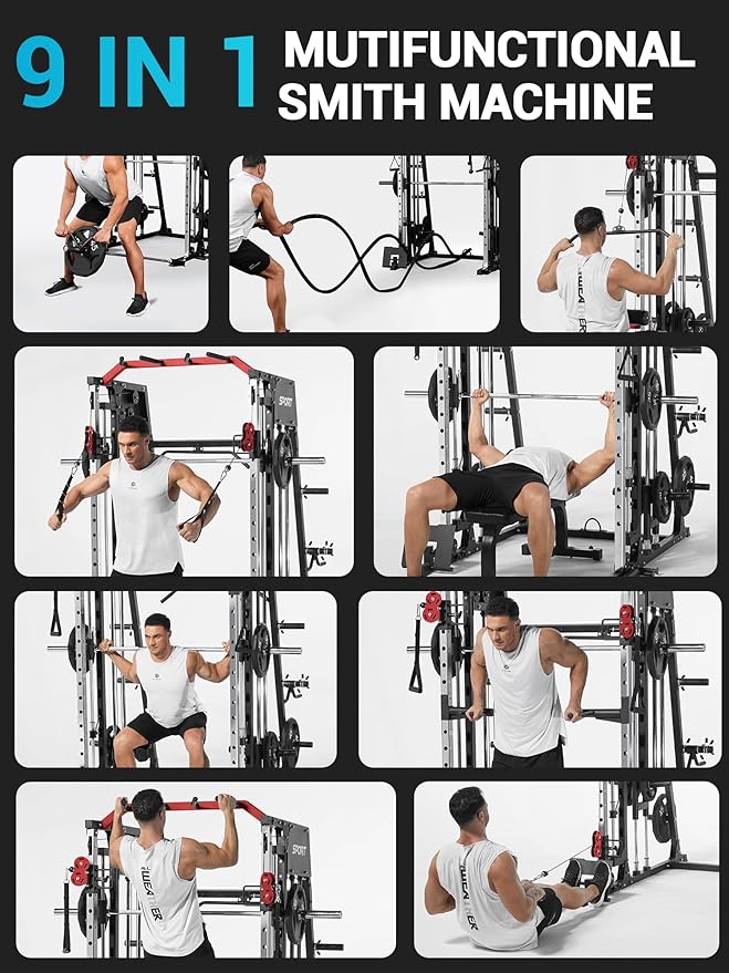 Smith Machine, Power Cage Squat Rack with Cable Crossover, Dual Pulley System, Pull-Up Bar, Home Gym Workout Equipment with Attachments for Strength Training and Weightlifting-FlexoryFit