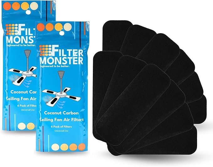 Filter Monster Coconut Carbon Ceiling Fan Filters - Easy-Stick Activated Coconut Carbon Ceiling Fan Filter - Ceiling Fan Blade Filters for Common Household Contaminants - 12 Pack