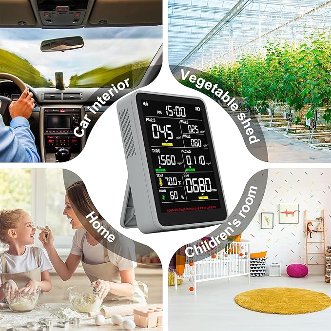XOOPON 13-in-1 Indoor Air Quality Monitor with PM1.0/2.5/10, CO2, HCHO, TVOC, Temp, Humidity & Time, 4 Alarm Modes, Portable Air Quality Tester for Home, Office, Car, Wall-Mount or Desktop Use