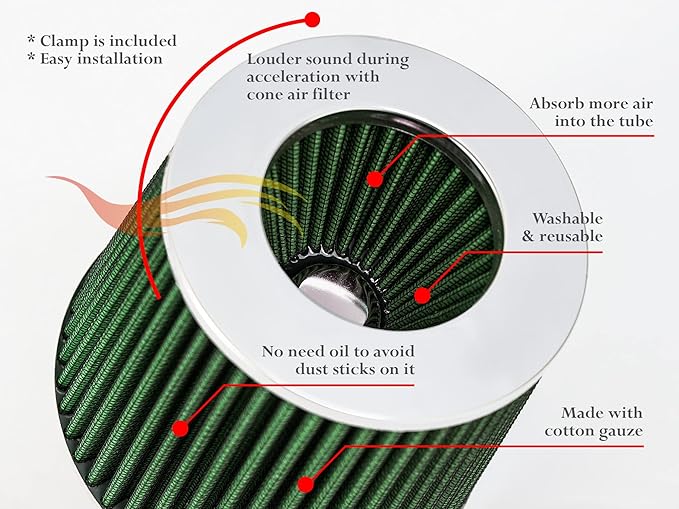 GREEN 3" 76 mm Inlet Cold Air Cone Replacement Quality Performance Washable Clamp-On Dry Air Filter