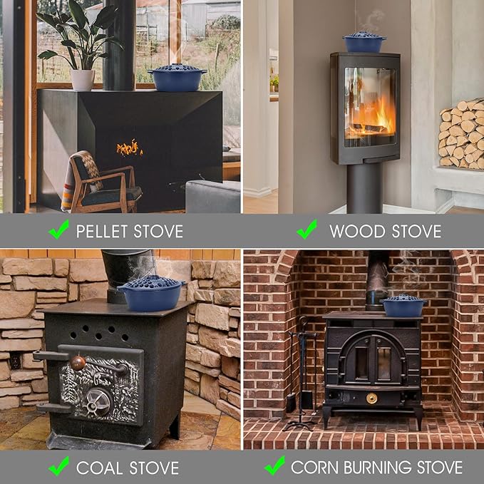 STBoo Wood Stove Steamer - Cast Iron Fireplace Humidifier | Indoor Pot for Home Heating | Bowl Fire Place Stove Covers Accessories Decorative | Matte Finish & Rust Resistan & 2.7 Quart, Blue
