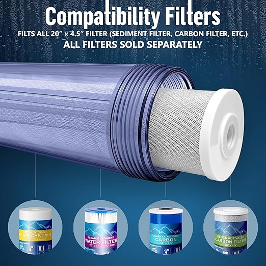 High Capacity 20 x 4.5” Whole House Filter Purifier System for Well or City Water, Presser Relief Button, 1” NPT Brass Port, Double O-Ring, Meets NSF Standards & Regulations (Transparent, 1 Set)