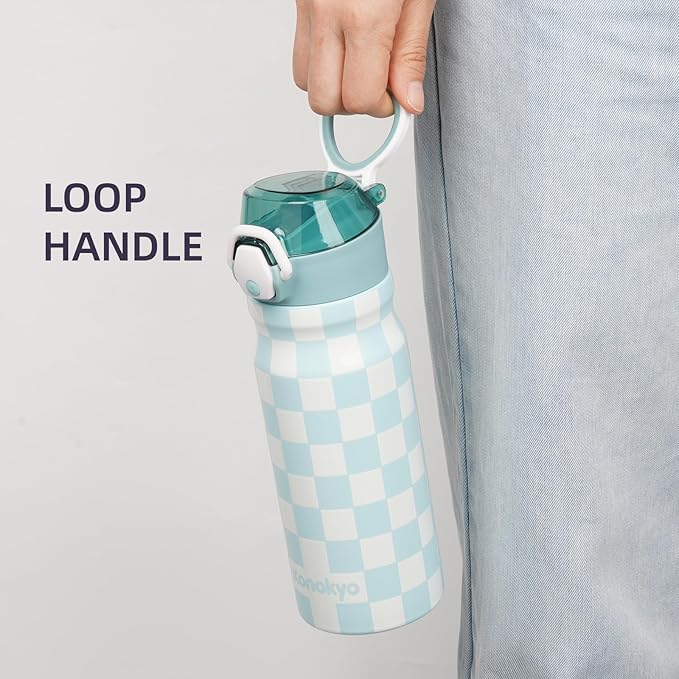 Insulated Water Bottle with Straw and Carry Loop,18 oz Stainless Steel Double Wall Vaccum Metal Water Flask with Leak-proof Lid,Blue White Plaid-FlexoryFit