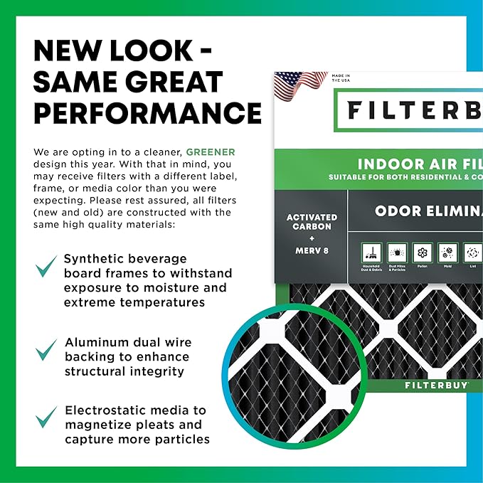 Filterbuy 16x16x1 Air Filter MERV 8 (MPR 700) Odor Eliminator Replacement (2-Pack), Electrostatic Pleated HVAC AC Furnace Filters w/Activated Carbon, Made in USA (Actual Size: 15.75 x 15.75 x 0.75)