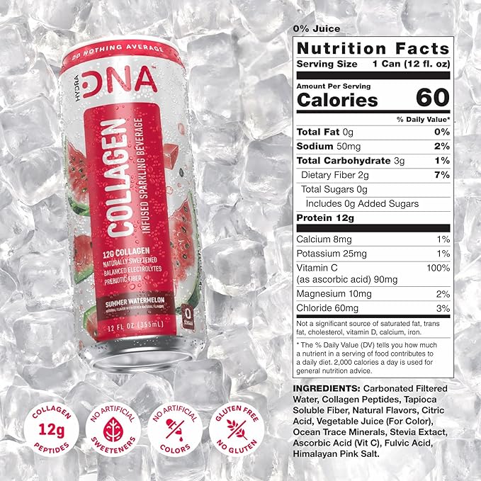 HYDRADNA- Sparkling Liquid Collagen Protein Water Drink Balanced Nutrients for Wellness - Sugar-Free - Keto-Friendly - No Gluten (12 Pack) Watermelon-FlexoryFit