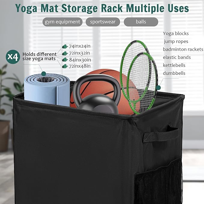 Yoga Mat Storage Racks, Home Gym Storage Rack with Wheels, Yoga Mat Holder Side 2 Mesh Pockets, Yoga Storage Basket Holds 4 Yoga Mats, 2 Foam Rollers, 6 Resistance Bands-FlexoryFit