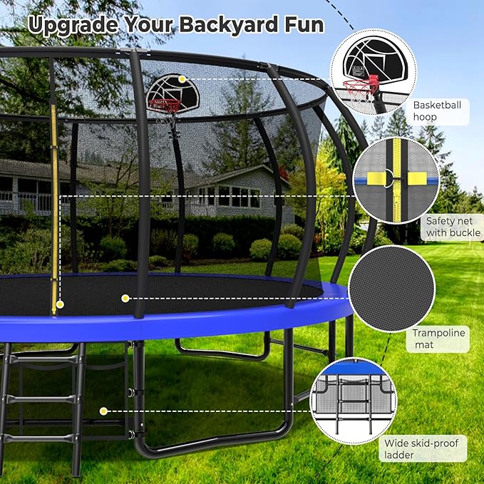 10 12 14 15 16FT Outdoor Trampolines for Kids and Adults, Pumpkin Trampoline with Curved Poles, Recreational Trampoline with Basketball Hoop and Safety Enclosure Net for Kids and Adults-FlexoryFit
