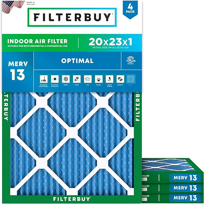 Filterbuy 20x23x1 Air Filter MERV 13 (MPR 1900) Health Defense Replacement (4-Pack), Electrostatic Pleated HVAC AC Furnace Filters, Made in USA (Actual Size: 19.50 x 22.50 x 0.75)