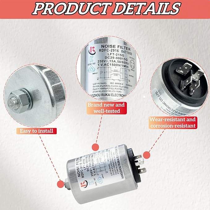 OEM DC29-00015G RDFC-2916 Washer Noise Filter LFT-215G DC29-00015K fit for Samsung Washer/Dryer Replace DC29-00009A, 0471000, 4958772, AP6975221 PS12740232, EAP12740232 250V 15A