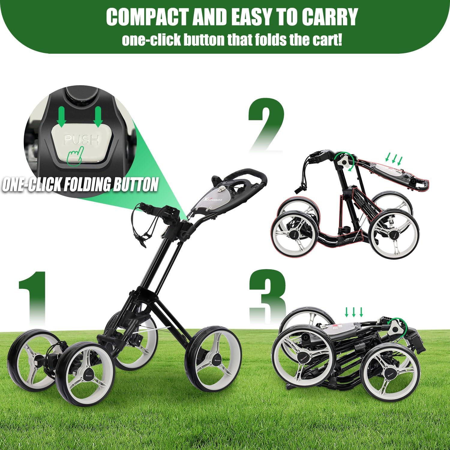 Golf Push Cart Series: 2-Wheel, 3-Wheel, 4-Wheel & 360° Swivel Front Wheel