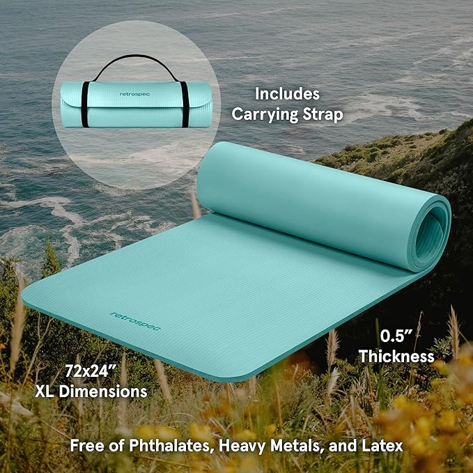 Retrospec Solana Yoga Mat 1/2" Thick w/Nylon Strap for Men & Women - Non Slip Exercise Mat for Yoga, Pilates, Stretching, Floor & Fitness Workouts-FlexoryFit