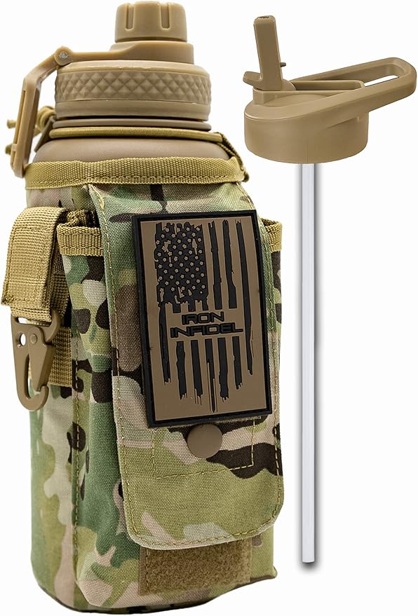 Iron Infidel Battle Bottle - 32 Oz Insulated Water Bottle with Straw Lid & Chug Cap, Stainless Steel Metal Tactical Flask With Rugged, Removable Sleeve for Keys & Phone or Wallet (OCP Camo 1 Liter)-FlexoryFit