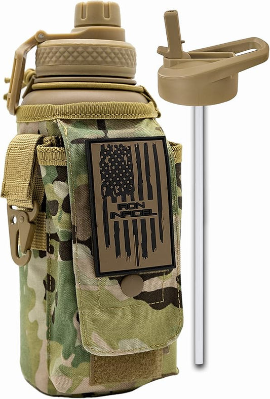 Iron Infidel Battle Bottle - 32 Oz Insulated Water Bottle with Straw Lid & Chug Cap, Stainless Steel Metal Tactical Flask With Rugged, Removable Sleeve for Keys & Phone or Wallet (OCP Camo 1 Liter)-FlexoryFit