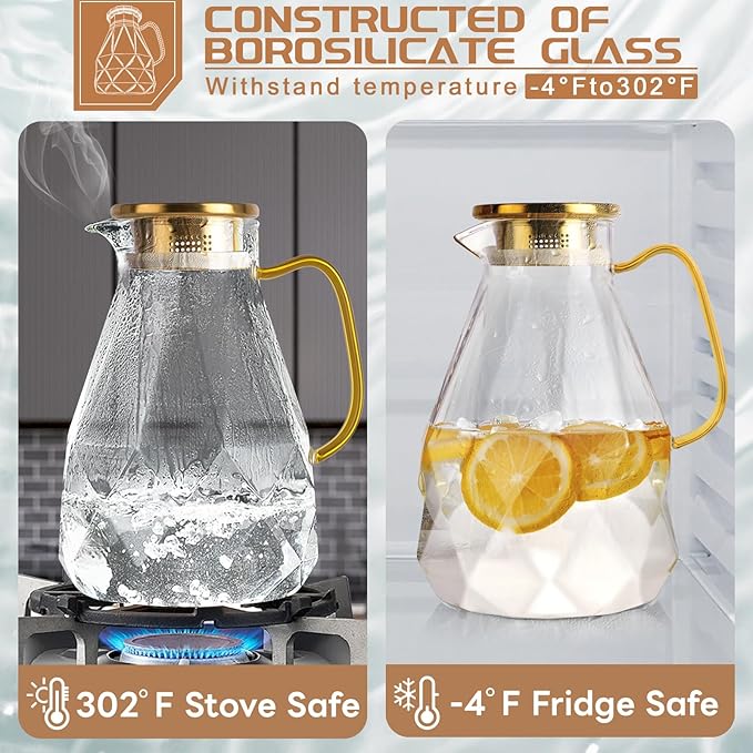 Yirilan Glass Pitcher, 1.6 Liter Water Pitcher With Lid, Iced Tea Pitcher for Fridge, Glass Water Carafe With Lid, Glass Water Jug, Small Drink Pitcher For Juice