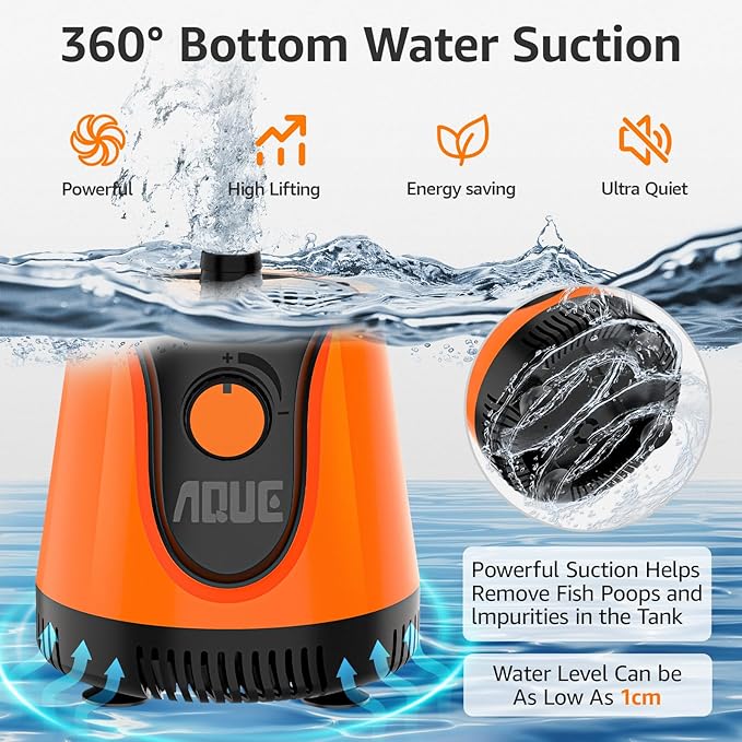 AQUE 360° All-round Water Intake Submersible Pump. It is suitable for fish tanks, ponds, aquariums and hydroponic systems. It comes with a 6-foot power cord and 4 nozzles. (40W)
