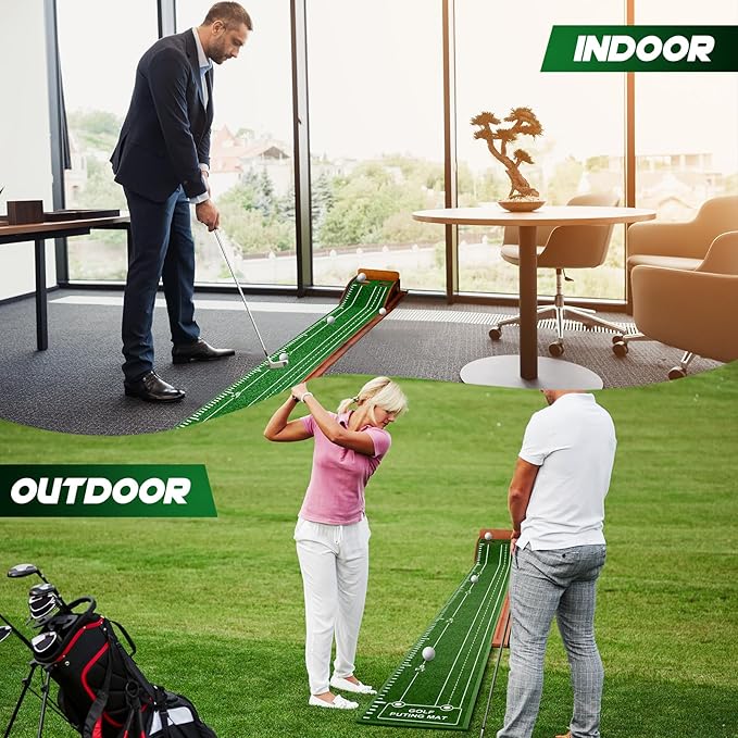 Putting Green Indoor and Outdoor, Golf Putting Mat with Auto Ball Return, Wrinkle-Free & Simulates Real Golf Putting Green - Putting Practice Mat for Office Home, Golf Gifts for Men, Dual-Hole