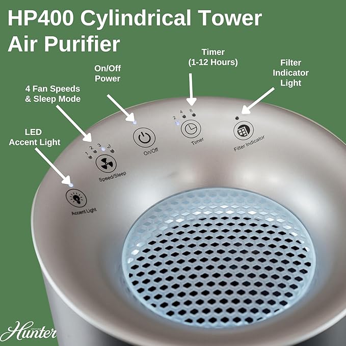 Hunter HP400 Round Air Purifiers for Home, True HEPA Air Purifier Tower for Pets, Odors, Allergens, Smoke, Dust, VOC's. HEPA Air Purifiers for Bedroom and Small Room. Black and Silver
