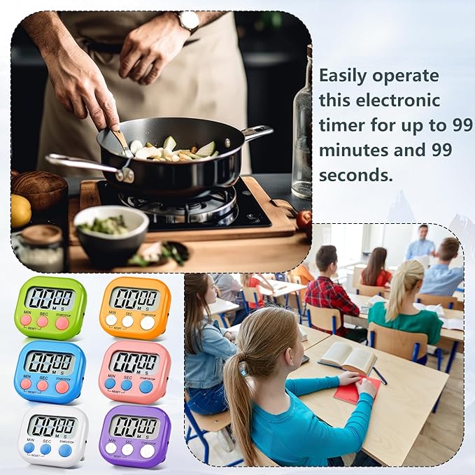 12 Pack Digital Kitchen Timer Magnetic Digital Timer with Big Display Loud Ring Cooking Timers for Kitchen Electronic Timer for Cooking, Bathing, Gym, Break Time, Classroom(12,White,Blue,Purple)-FlexoryFit