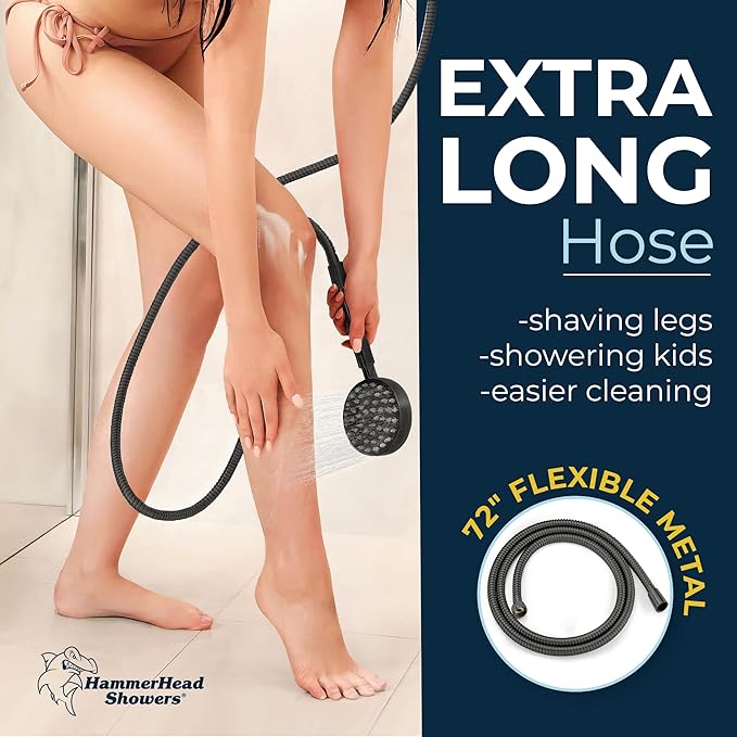 HammerHead Showers® Solid Metal Handheld Shower Head with Hose and Brass Holder - MATTE BLACK - 2.5 GPM High Pressure Shower Heads with Adjustable Shower Wand Bracket - 6ft Flexible Extension