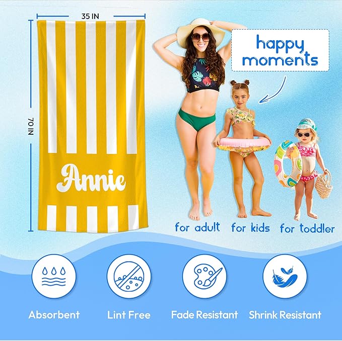 JML Personalized Beach Towel with Name, Custom Cabana Stripe Beach Towel, Customized Microfiber Pool Towel, Quick Dry & Absorbent Swim Towel for Adult,Mother's Day, Birthday, Summer Holiday,Vacation-FlexoryFit