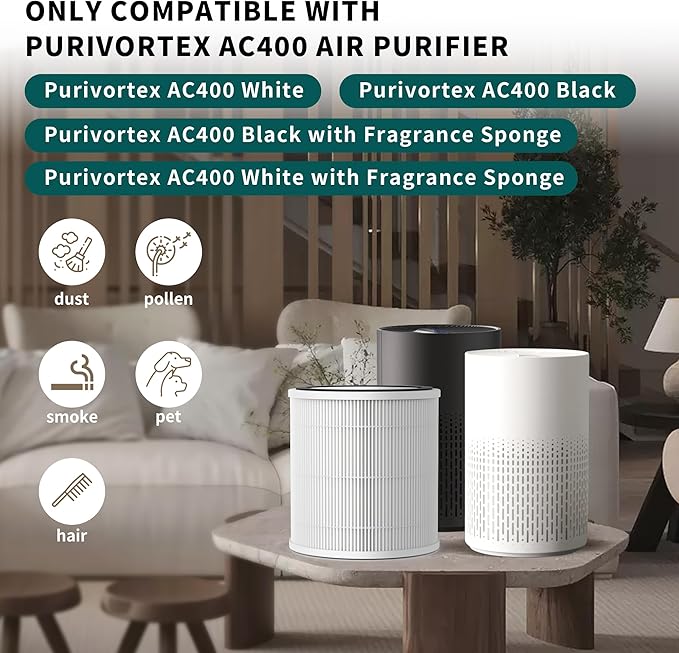 4 Packs AC400 Replacement Filter Compatible with Purivortex AC400 Air Cleaner Purifier, 3-in-1 Main Filters and Activated Carbon Filter, White