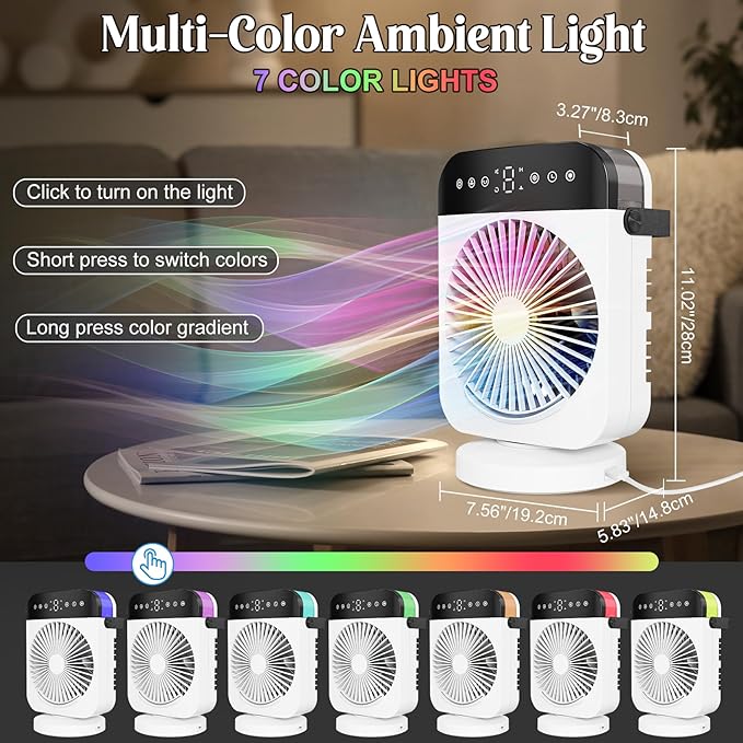 Portable Air Conditioner, Personal Mini Air Conditioner Cooling Fan with 5 Speeds, 70° Oscillation, Evaporative Air Cooler 1/2/4/8H Timer, 7 LED Night Light Portable AC for Car Camping Bedroom Office