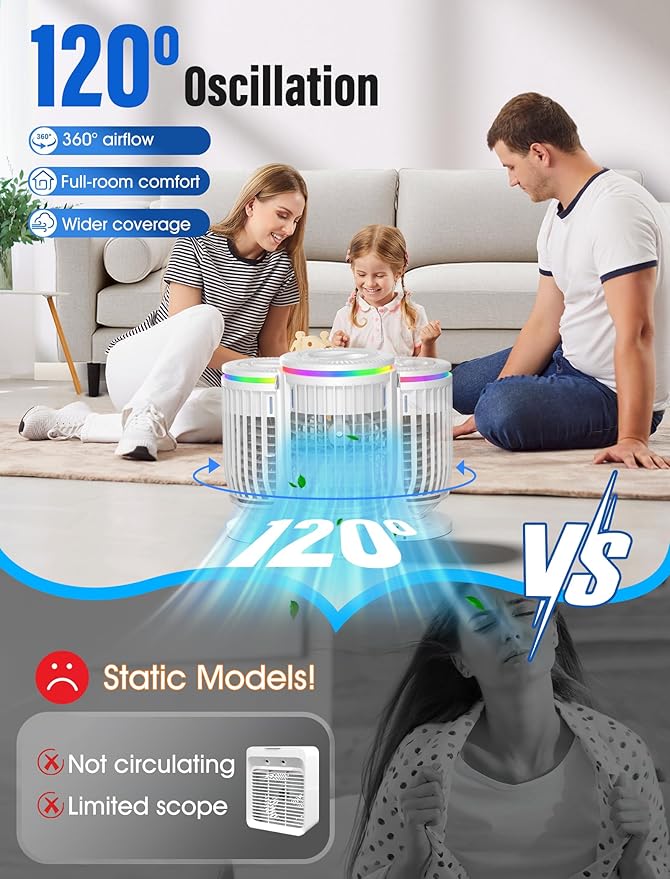 JYew Portable Air Conditioners Evaporative Mini Room Air Conditioners,Portable AC Unit Air Cooler with 4 in 1 Humidifier Fan Conditioner, AC Portable for Room with 120° Rotating Function01