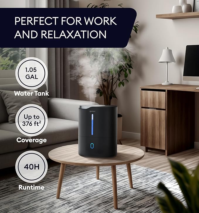 GENIANI Cool Mist Air Humidifiers for Bedroom, Plants, and Large Rooms - Quiet Humidifiers for Baby Room with Auto Shut Off & Night Light (3.9L, Black)