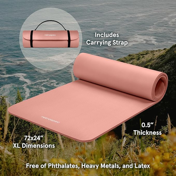 Retrospec Solana Yoga Mat 1/2" Thick w/Nylon Strap for Men & Women - Non Slip Exercise Mat for Yoga, Pilates, Stretching, Floor & Fitness Workouts-FlexoryFit