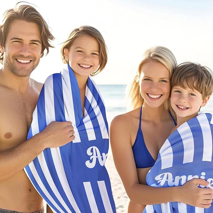 JML Personalized Beach Towel with Name, Custom Cabana Stripe Beach Towel, Customized Microfiber Pool Towel, Quick Dry & Absorbent Swim Towel for Adult,Mother's Day, Birthday, Summer Holiday,Vacation-FlexoryFit
