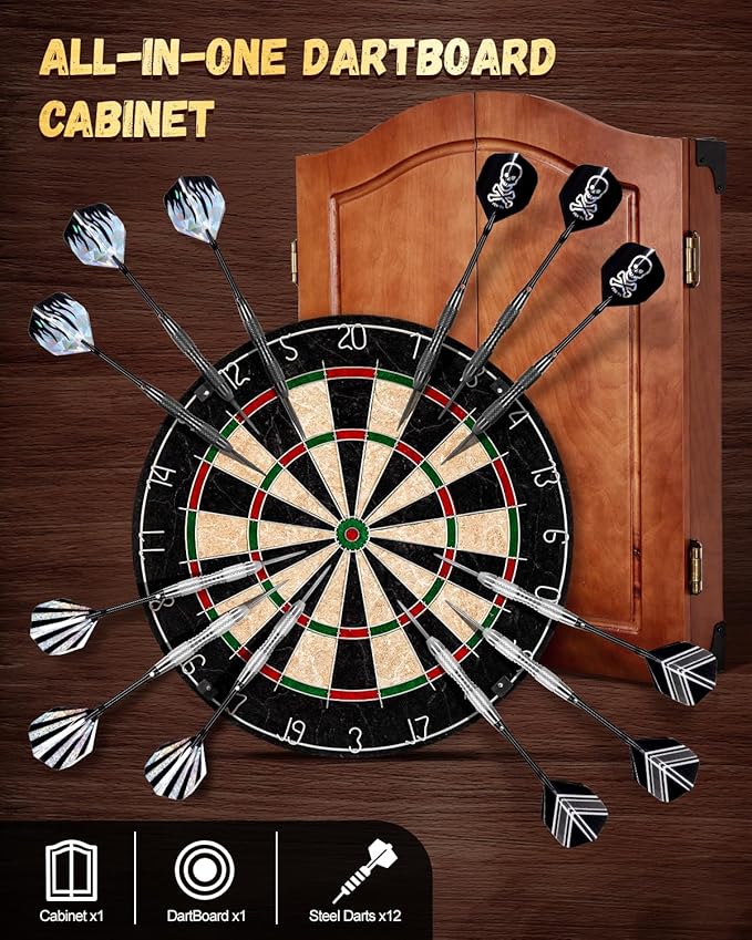 Sisal Dart Board Cabinet Sets, Decorative Dart Boards for Adults [6*Steel Darts] - Wooden Dartboard Cabinet with Integrated Scoreboard for Family Game Rooms