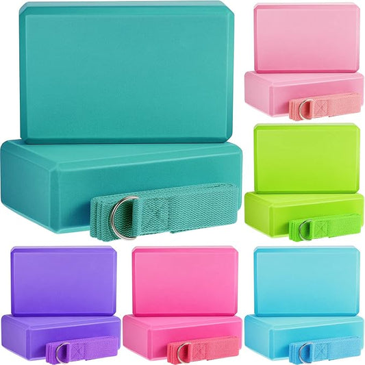Meooeck 18 Pcs Yoga Block and Strap Set 9 x 6 x 3 Inch EVA Foam Non Slip Brick 8 ft Yoga Straps for Stretching D Ring Design for Back to School Pilates Fitness Workout Exercise-FlexoryFit