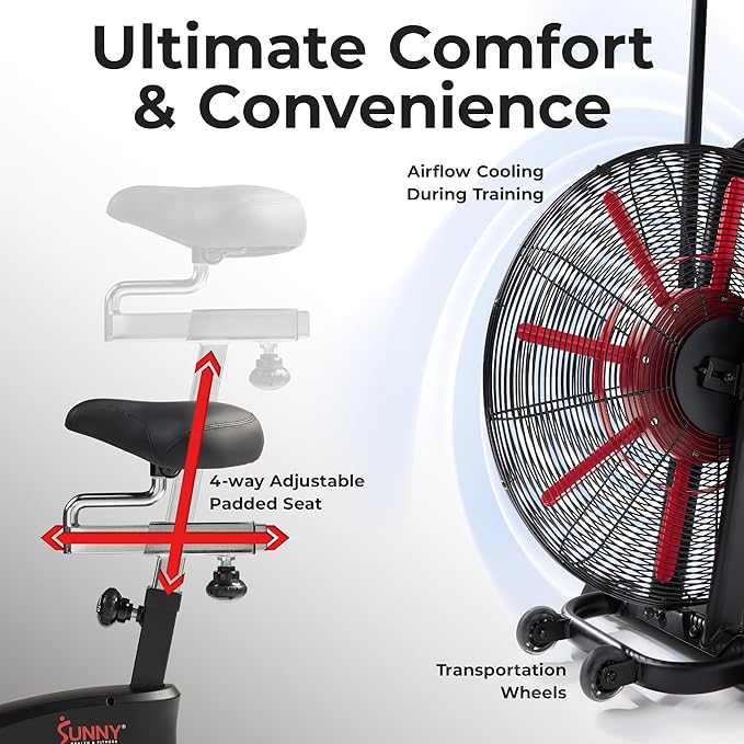 Sunny Health & Fitness Premium Smart Cross-Training Fan Bike, Air Resistance Cardio Machine w/330lb Capacity for Intensive Home Workout, Customizable Monitor w/Free SunnyFit App Connection-SF-B223018-FlexoryFit