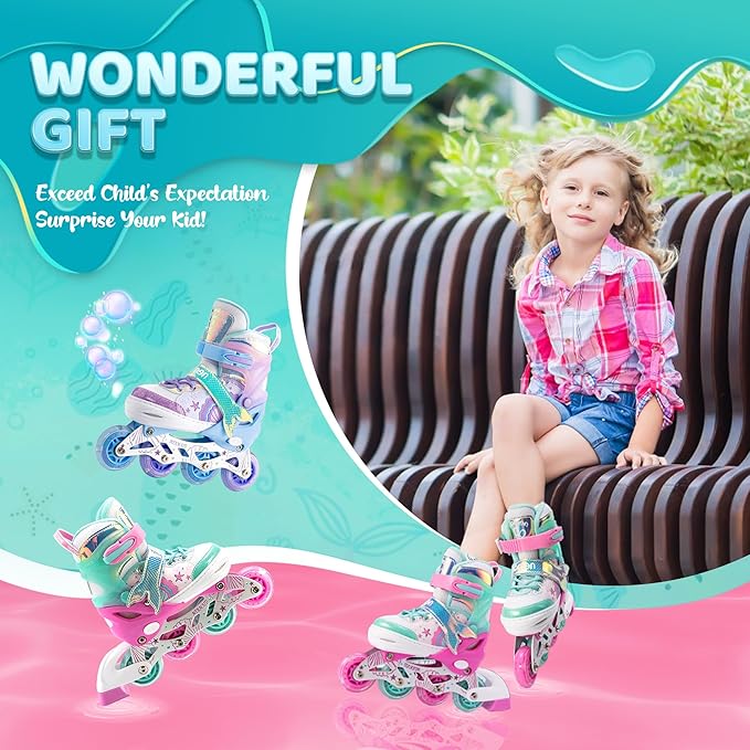 NEMONE Mermaid Inline Skates, 4 Sizes Adjustable Skates for Girls Kids with Light up Wheels, Indoor Beginner Outdoor for Kids Ages 4-6 5-8 6-12 8-12-FlexoryFit