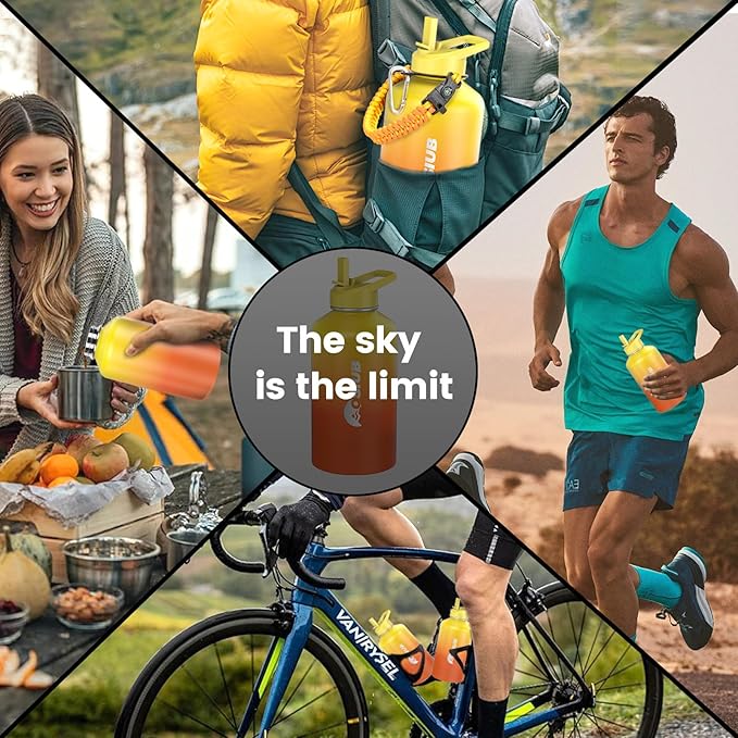 Insulated Water Bottle 87 oz, Triple Wall Vacuum Stainless Steel(Cold for 48 Hrs),Leak Proof & BPA-Free,One Gallon Water Bottle with Reflective Paracord & Flip Straw for Sports & Travel, Sunset-FlexoryFit
