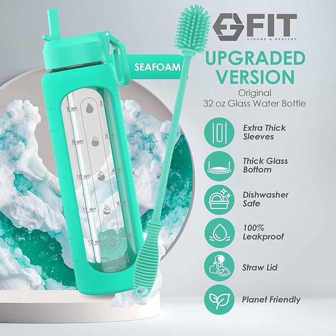 FIT Strong & Healthy 32 oz Glass Water Bottle with Straw Lid, Time Marker, Sleeve & Extra Lid - Motivational, Wide Mouth 1 Liter Glass Drinking Bottle