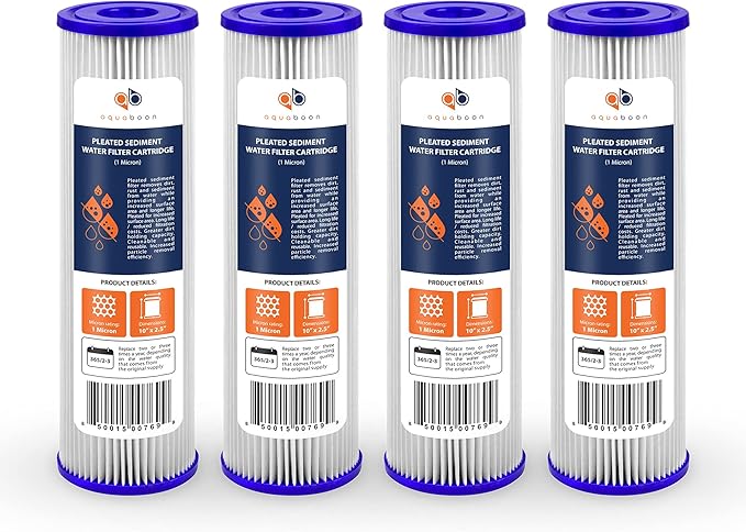 Aquaboon 1 Micron Pleated Water Filter 10 x 2.5 - Whole House Sediment Filter Replacement Cartridge Compatible with WFPFC3002, WHKF-WHPL, 4-Pack
