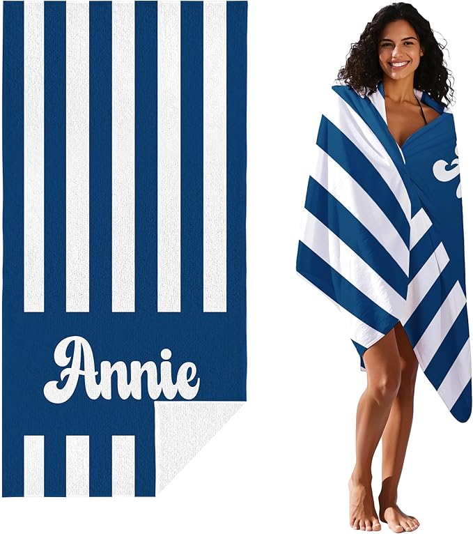 JML Personalized Beach Towel with Name, Custom Cabana Stripe Beach Towel, Customized Microfiber Pool Towel, Quick Dry & Absorbent Swim Towel for Adult,Mother's Day, Birthday, Summer Holiday,Vacation-FlexoryFit