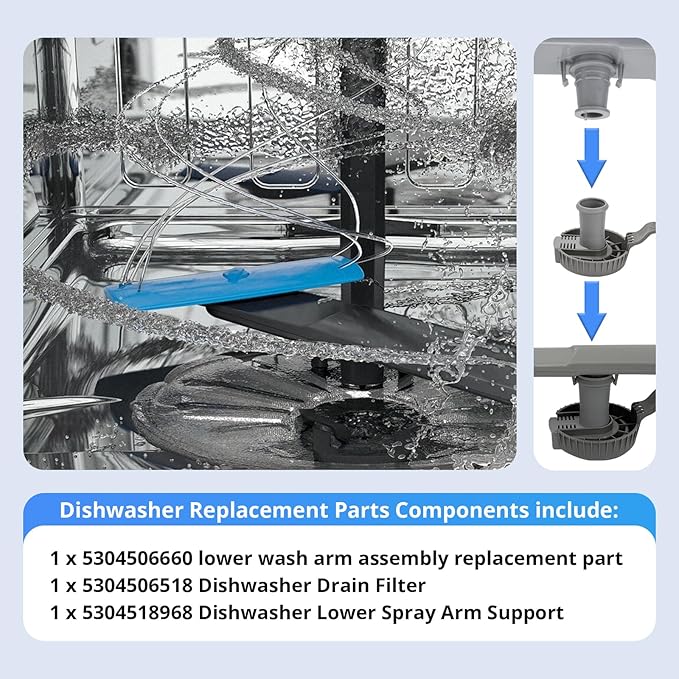 5304506660 Dishwashers Spray Arm Assembly for Frigidaire Dishwashers Lower Wash Arm Assembly with 5304518968 Dishwasher Lower Spray Arm Support and 5304506518 Dishwasher Trap Drain Filter